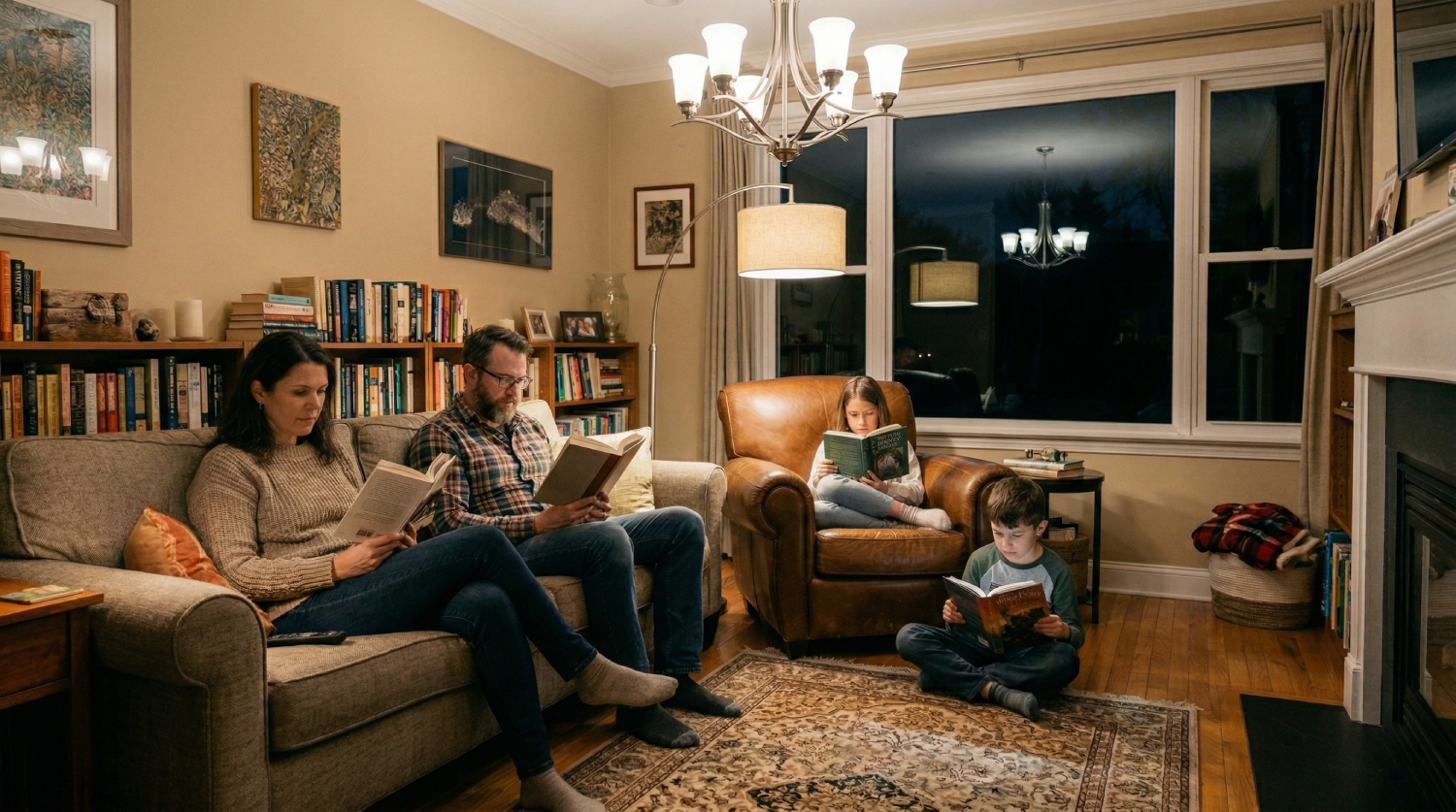 Семья читает книги в уютной гостиной со светом во время блэкаута благодаря стабильной работе системы энергонезависимости и резервного питания.