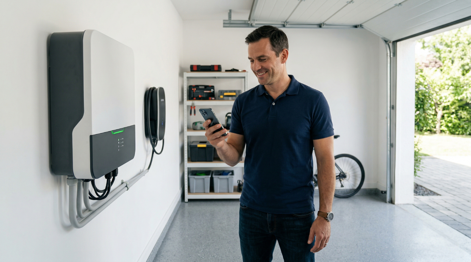 Дистанционный мониторинг и настройка параметров гибридного инвертора через мобильное приложение на смартфоне для контроля зарядки аккумуляторов в гараже.