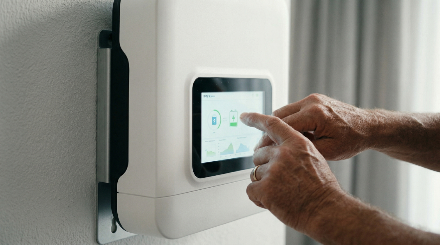 Настройка параметров гибридного инвертора на сенсорном экране для возобновления зарядки аккумулятора при низком напряжении в сети.