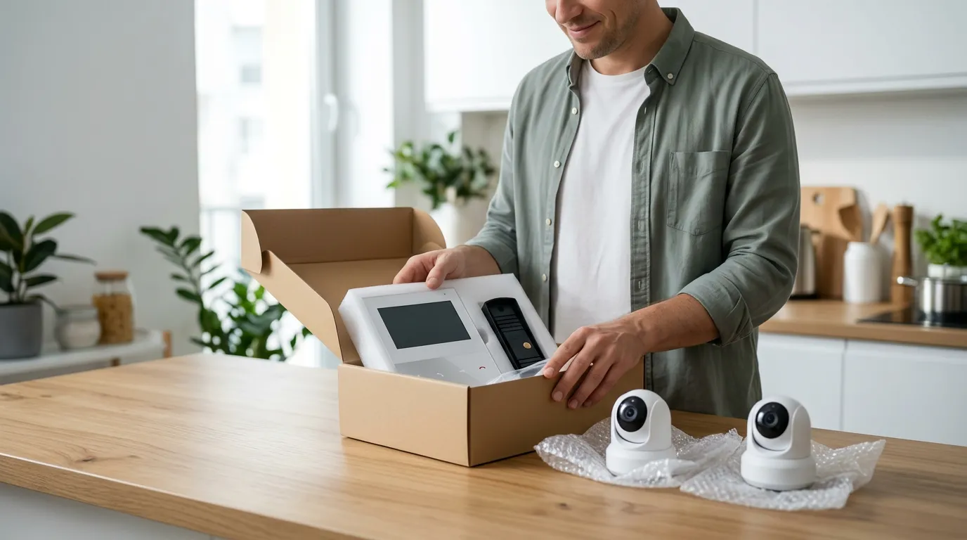 Мужчина распаковывает готовый комплект видеодомофона Slinex: экономия по сравнению с покупкой отдельных компонентов позволяет приобрести две дополнительные камеры