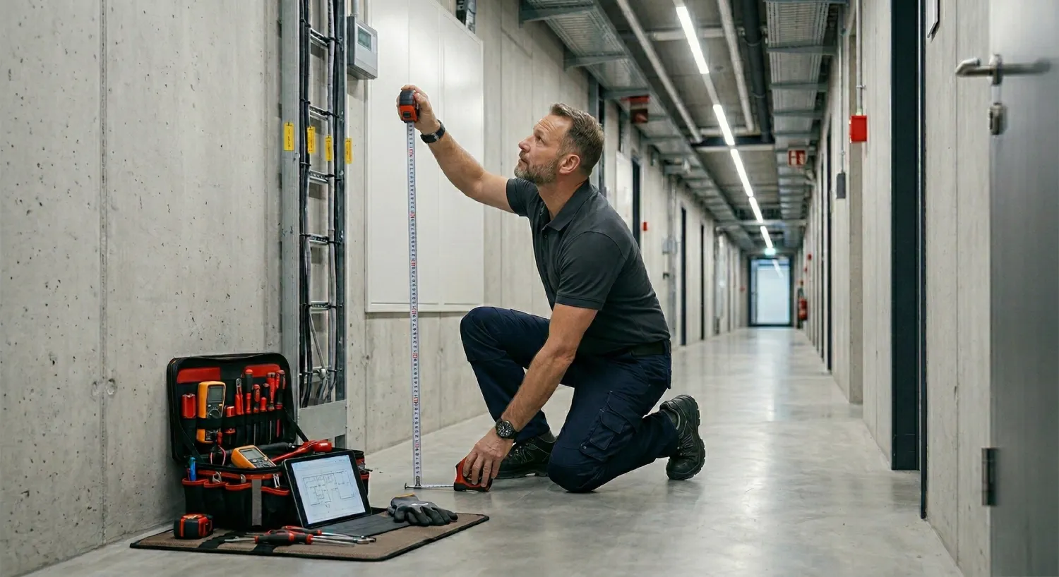 Пошаговый алгоритм выбора видеодомофона: инженер проводит замеры в коридоре для правильного планирования кабельных трасс и подключения системы безопасности.