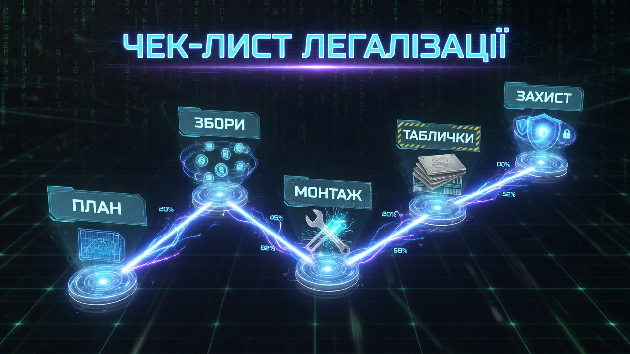 Пошаговая схема легализации видеокамер в многоквартирном доме, включающая планирование, собрание жильцов, монтаж, информирование через таблички и защиту персональных данных.
