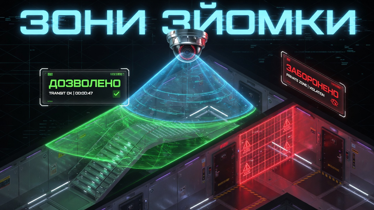 3D-схема лестничной клетки, иллюстрирующая разрешенные и запрещенные зоны для камер видеонаблюдения: зеленым цветом (разрешено) выделен марш лестницы как транзитная зона, а красным (запрещено) &mdash; пространство, где объектив камеры направлен непосредственно на входную дверь квартиры.