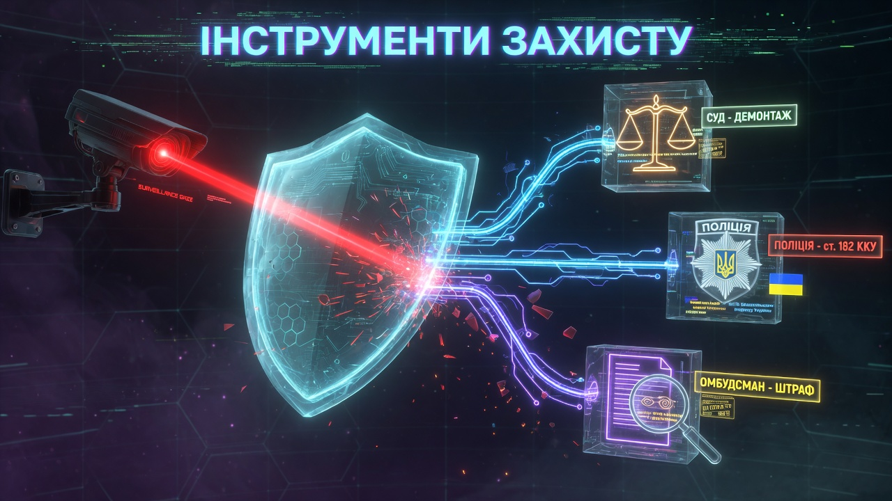 Инфографика &laquo;Инструменты защиты&raquo;, визуализирующая три способа противодействия незаконной установке камер: обращение в суд для принудительного демонтажа, заявление в полицию по статье 182 УК Украины и жалоба Омбудсмену для наложения штрафа.