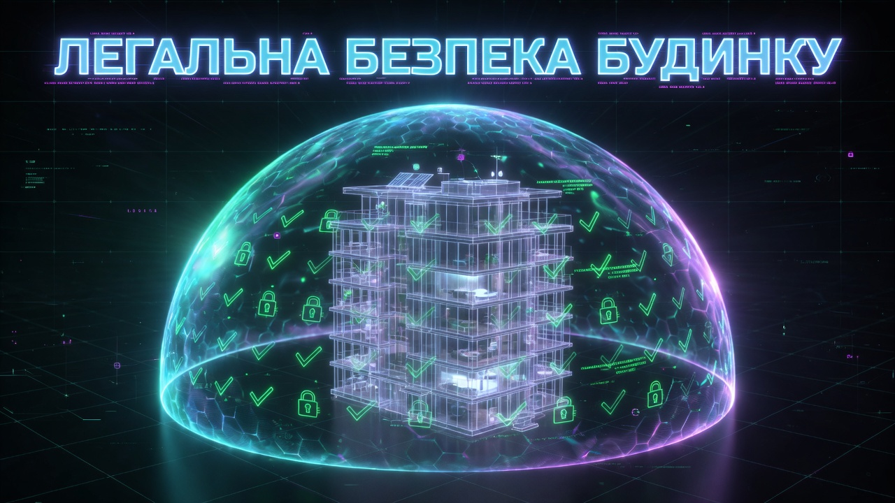 Визуализация легальной системы безопасности многоквартирного дома под защитным куполом, иллюстрирующая законное видеонаблюдение, соответствующее требованиям защиты персональных данных и приватности жильцов.