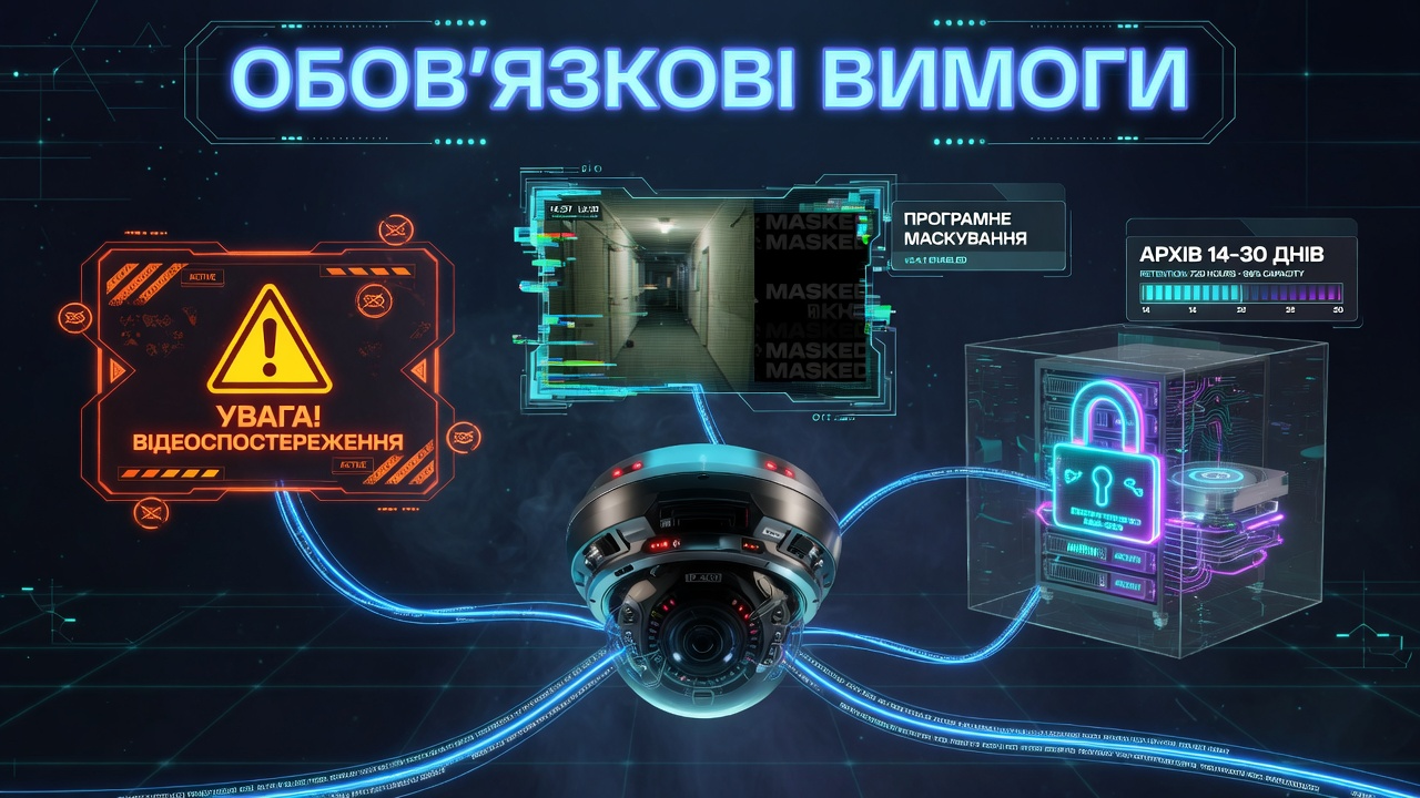 Инфографика &laquo;Обязательные требования&raquo;, иллюстрирующая три главных правила законной установки камеры: наличие предупреждающей таблички о видеонаблюдении, использование программного маскирования для скрытия приватных зон и безопасное хранение зашифрованного видеоархива от 14 до 30 суток.