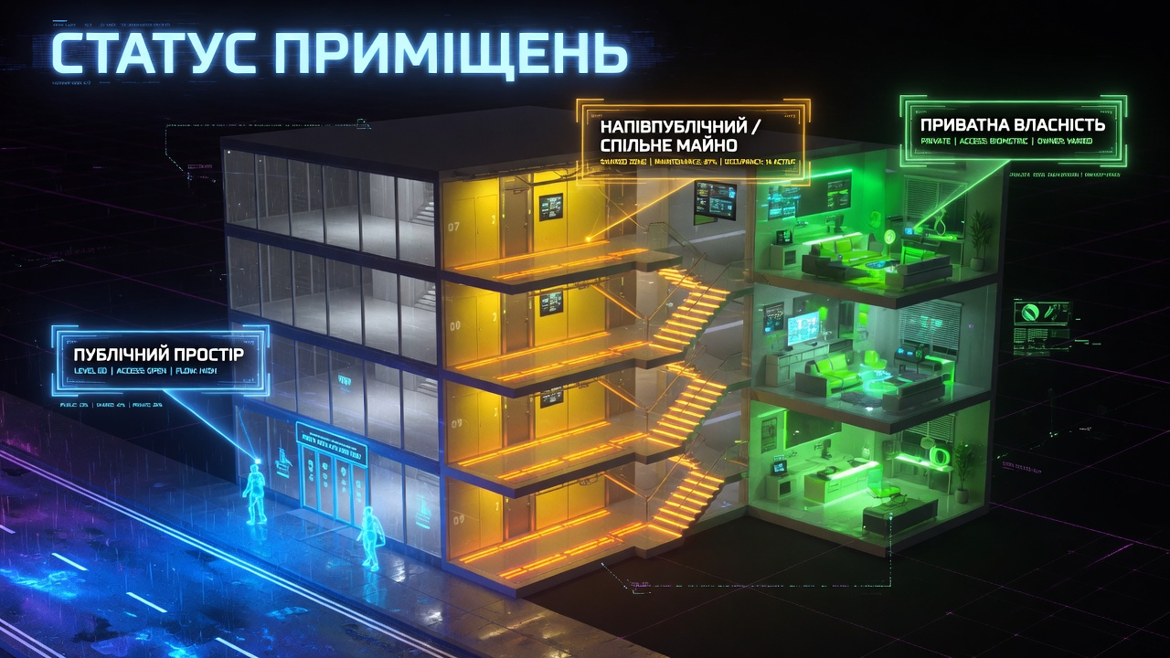 Инфографика 3D-схемы многоквартирного дома, показывающая правовой статус помещений для установки видеонаблюдения: улица выделена как публичное пространство, подъезды и лестницы &mdash; как полупубличное пространство и общее имущество, а квартиры &mdash; как частная собственность.
