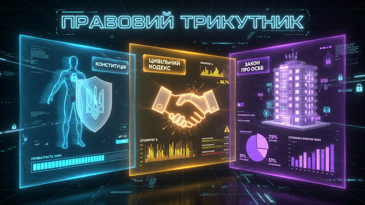Инфографика &laquo;Правовой треугольник&raquo;, которая визуализирует три ключевых нормативных акта, регулирующих установку камер видеонаблюдения в многоквартирном доме: Конституцию Украины (защита приватности), Гражданский кодекс и Закон об ОСМД (управление общим имуществом).