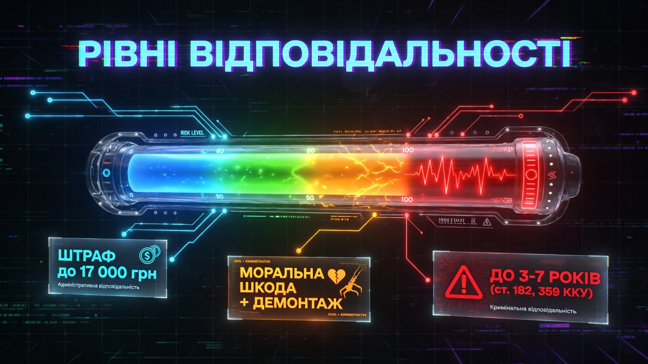 Инфографика с уровнями ответственности за незаконное видеонаблюдение: административная ответственность со штрафом до 17 000 грн, необходимость возместить моральный ущерб и демонтировать камеру, а также уголовная ответственность до 3-7 лет заключения по статьям 182 и 359 УК Украины.