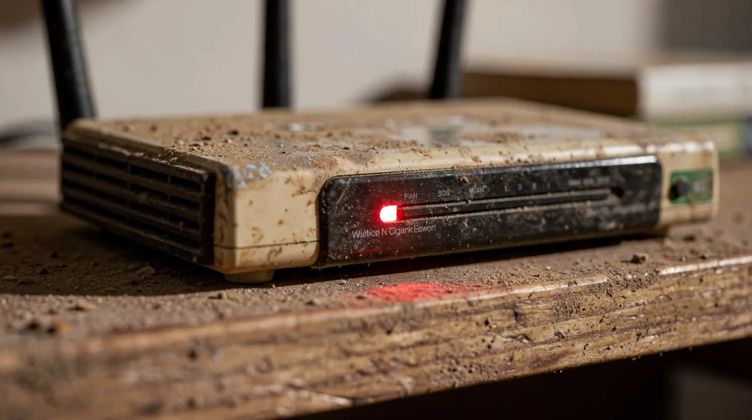 Старий запилений Wi-Fi роутер із червоним світловим індикатором, що ілюструє проблему перегріву та раптового перезавантаження мережі відеоспостереження під навантаженням.