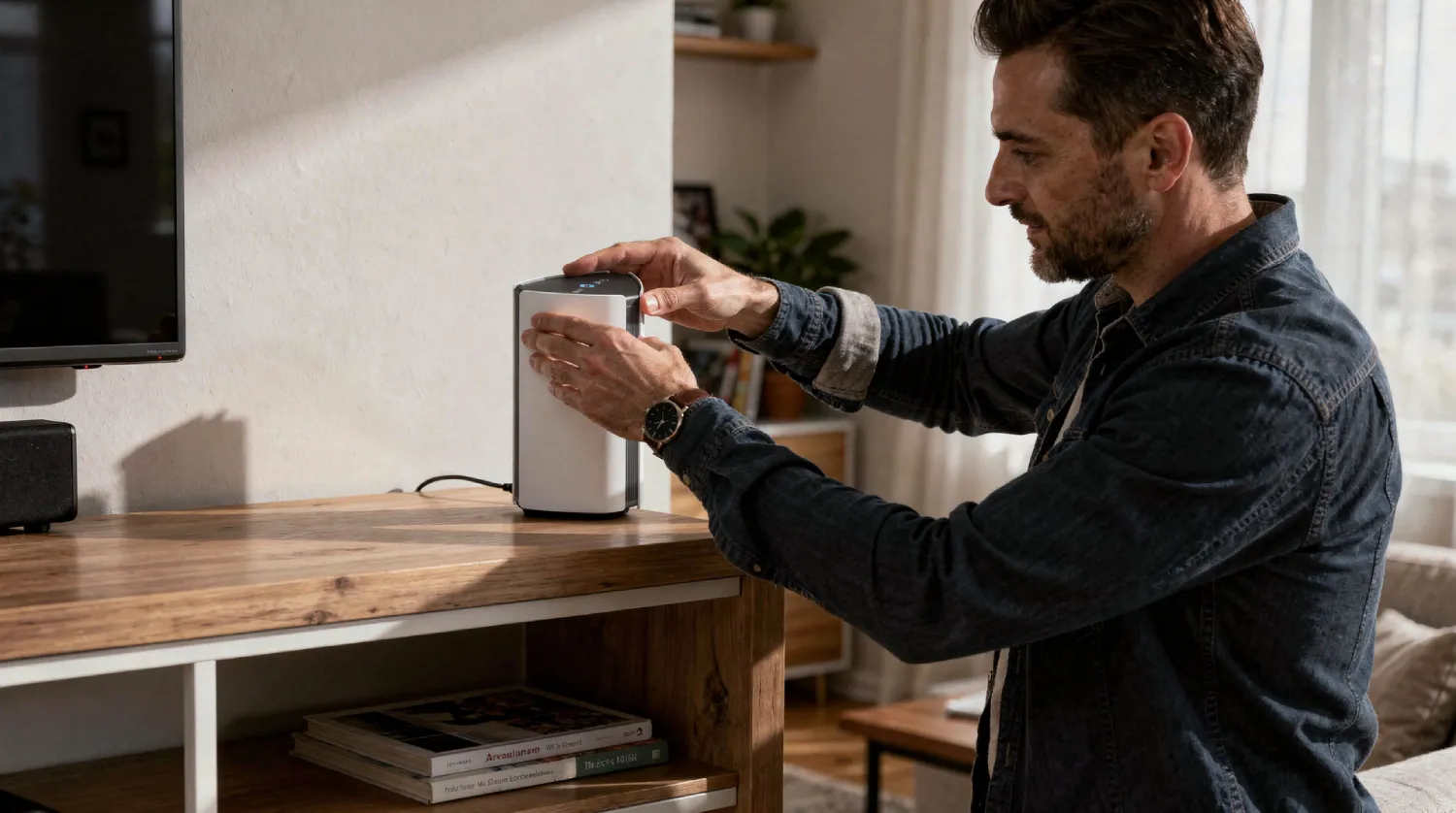 Чоловік встановлює вузол Wi-Fi 6 Mesh-системи на полиці у вітальні для створення безшовної мережі відеоспостереження та усунення &laquo;мертвих зон&raquo; у будинку.