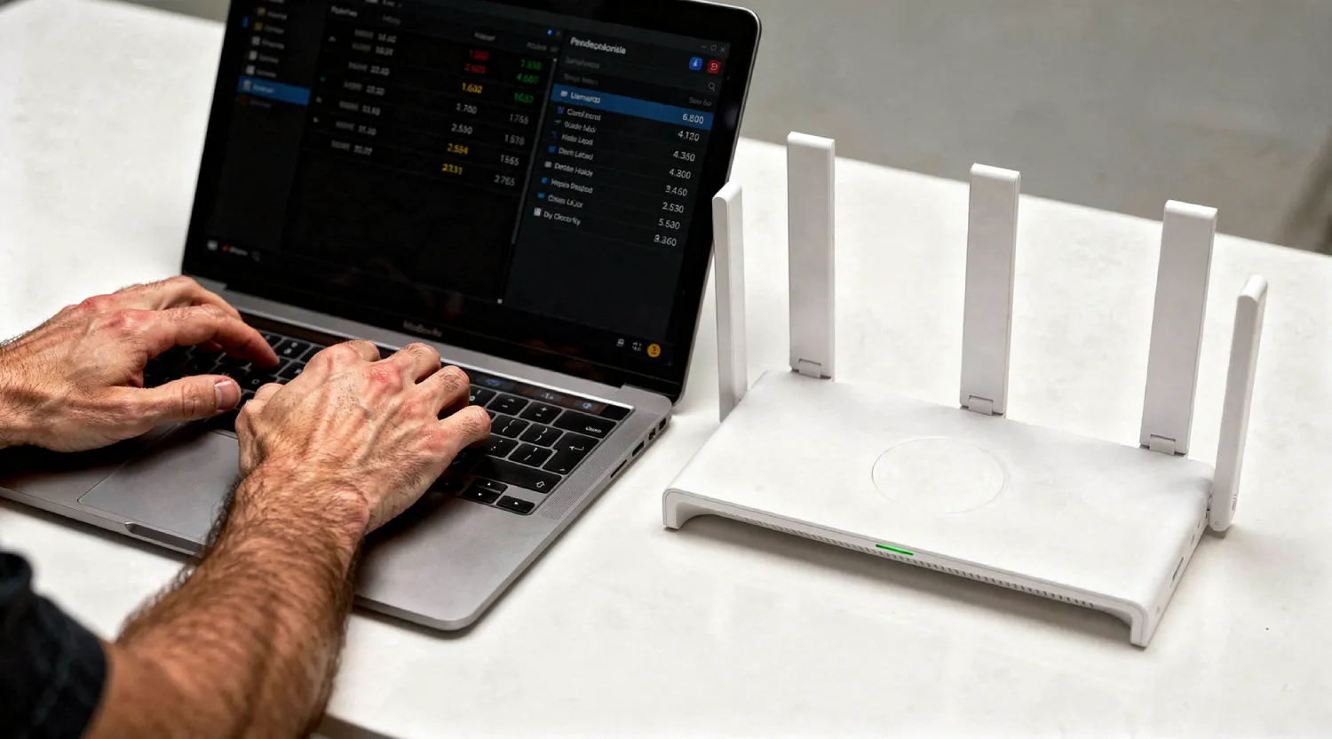 Білий Wi-Fi 6 роутер поруч із ноутбуком, що ілюструє впровадження технологій OFDMA та MU-MIMO для розвантаження мережі відеоспостереження у зашумленому середовищі.