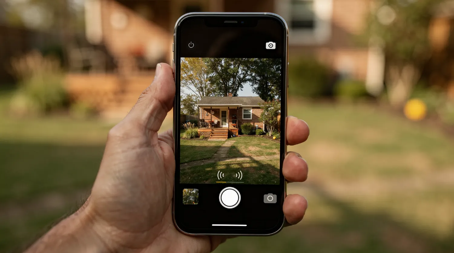 Смартфон із відкритим додатком для відеоспостереження, що відображає присадибну ділянку в реальному часі без затримок завдяки стабільному сигналу Wi-Fi 6.