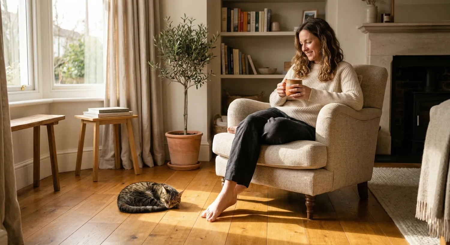 Власниця відпочиває з горнятком кави поруч із котом: ілюстрація вільного часу завдяки автоматизації.