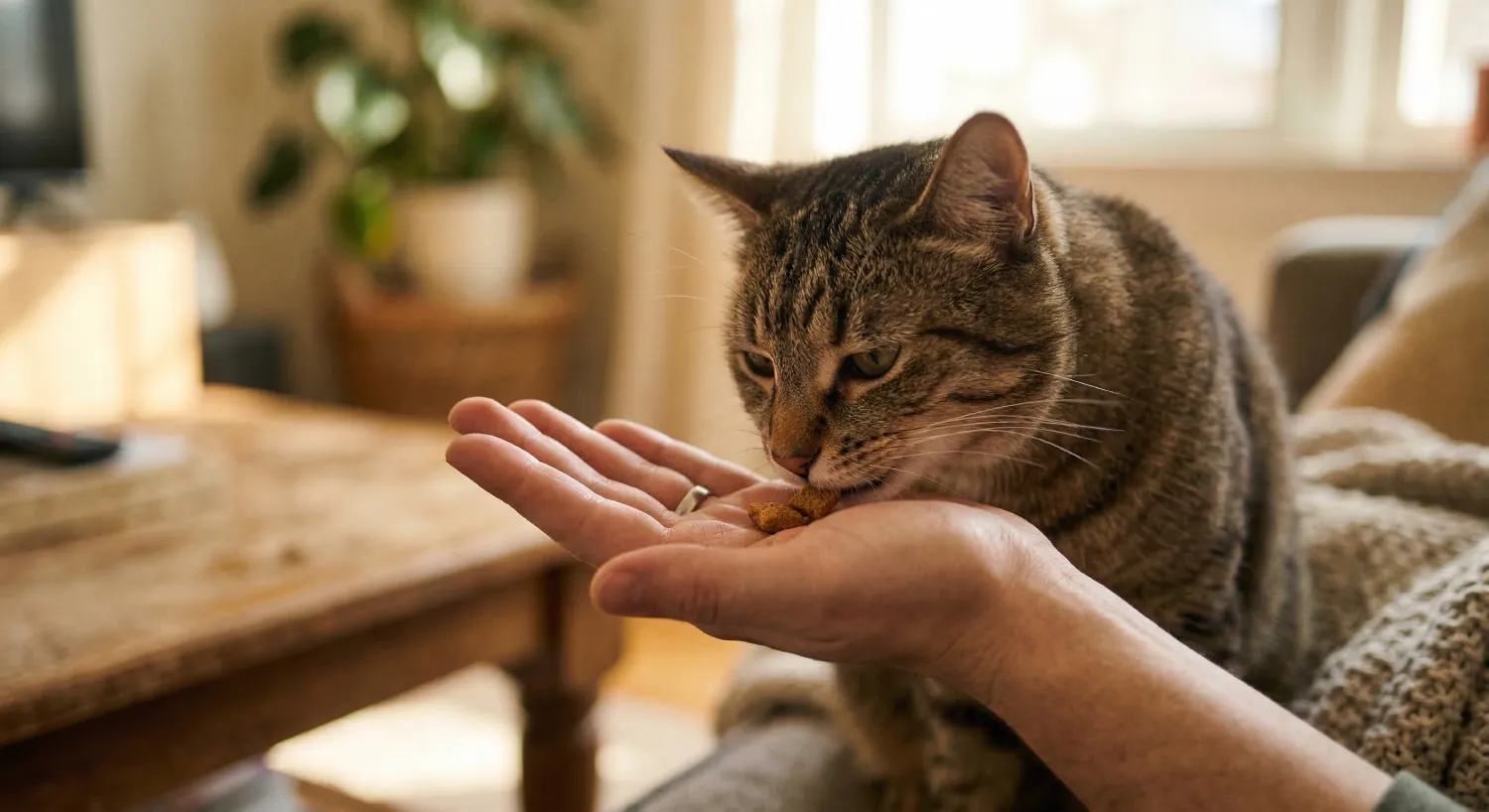 Формування позитивного підкріплення: власник пригощає кота ласощами під час етапу адаптації до гаджета.