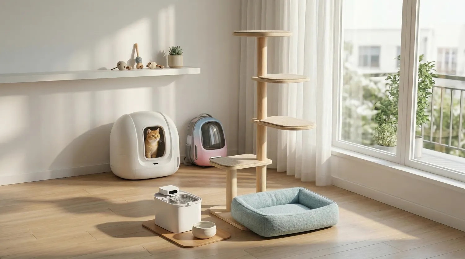Екосистема PETKIT в інтер&rsquo;єрі: розумний туалет Pura Max 2, поїлка Eversweet та переноска Breezy 2 у світлій кімнаті.