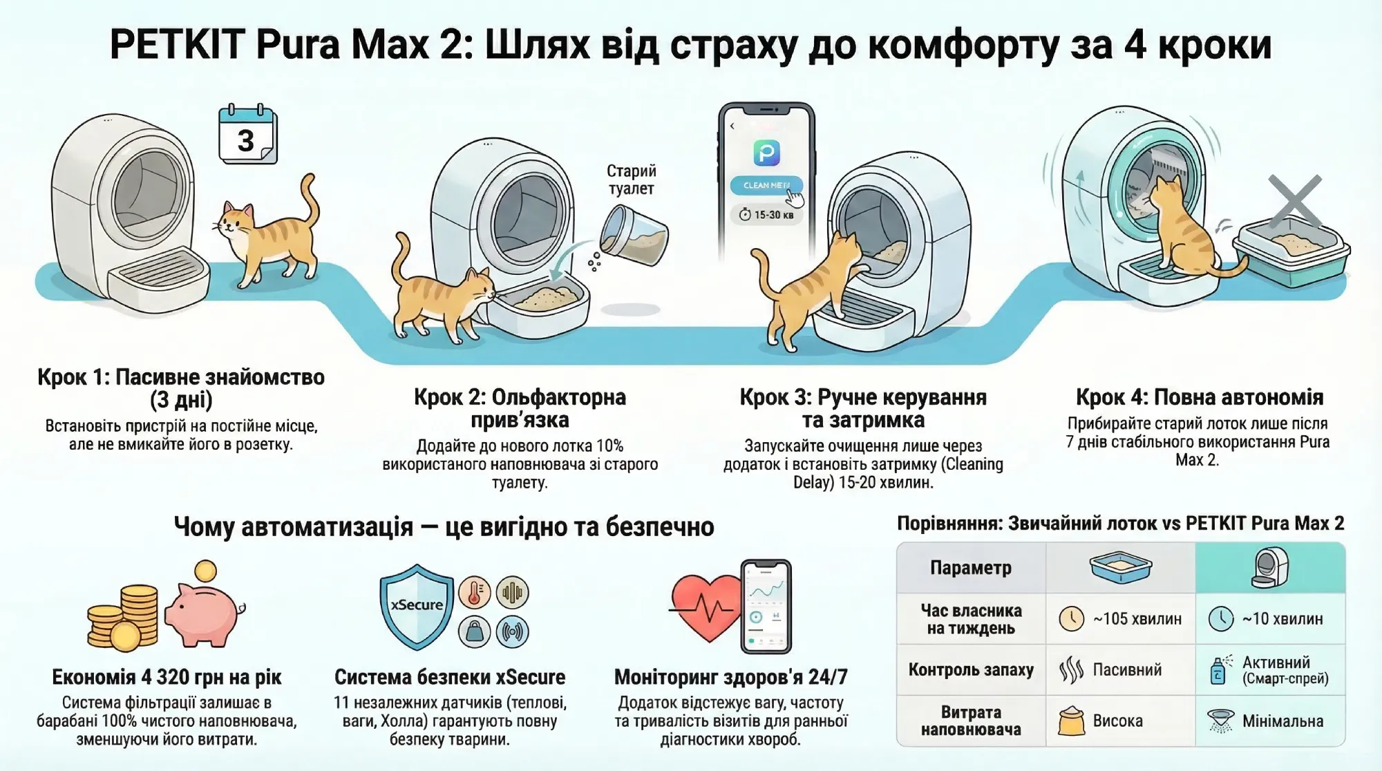 Інфографіка: 4 етапи привчання кота до PETKIT Pura Max 2 та переваги автоматизації (економія наповнювача, система безпеки xSecure та порівняння ефективності зі звичайним лотком).