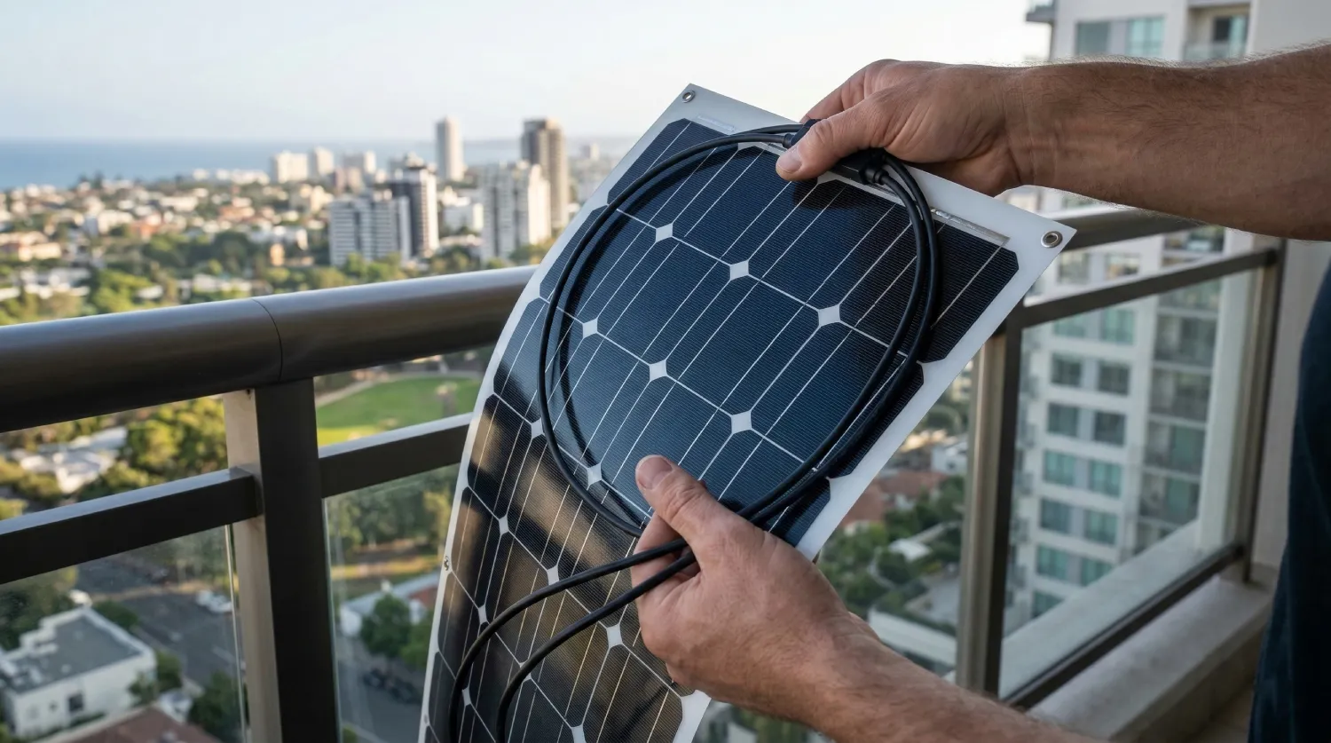 Процес монтажу гнучкої сонячної панелі на парапет балкона для забезпечення енергонезалежності квартири.