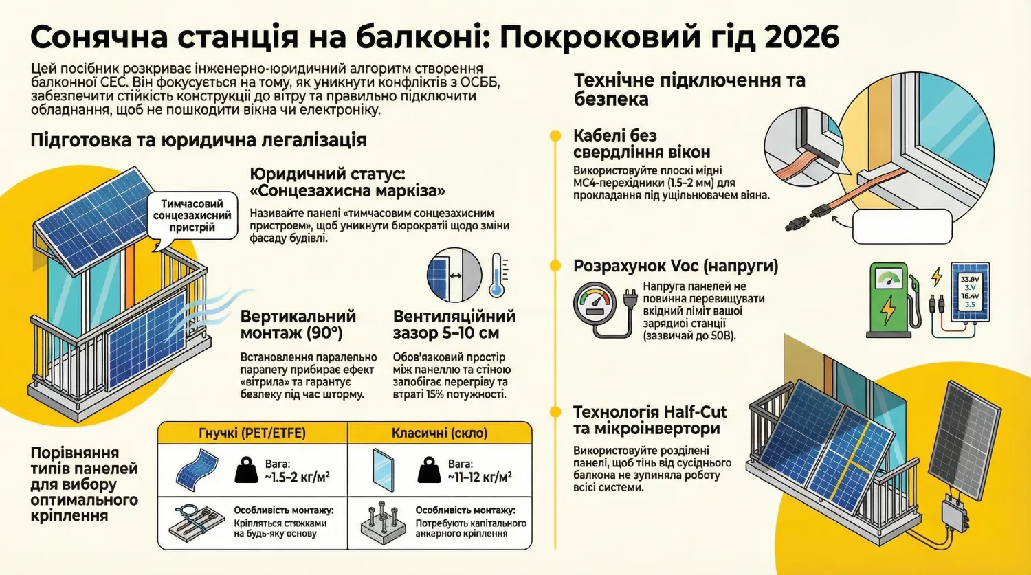 Детальна інфографіка покрокового алгоритму легального встановлення сонячної станції на балконі: юридична легалізація як маркізи, розрахунок напруги Voc та схема підключення кабелів без свердління вікон.