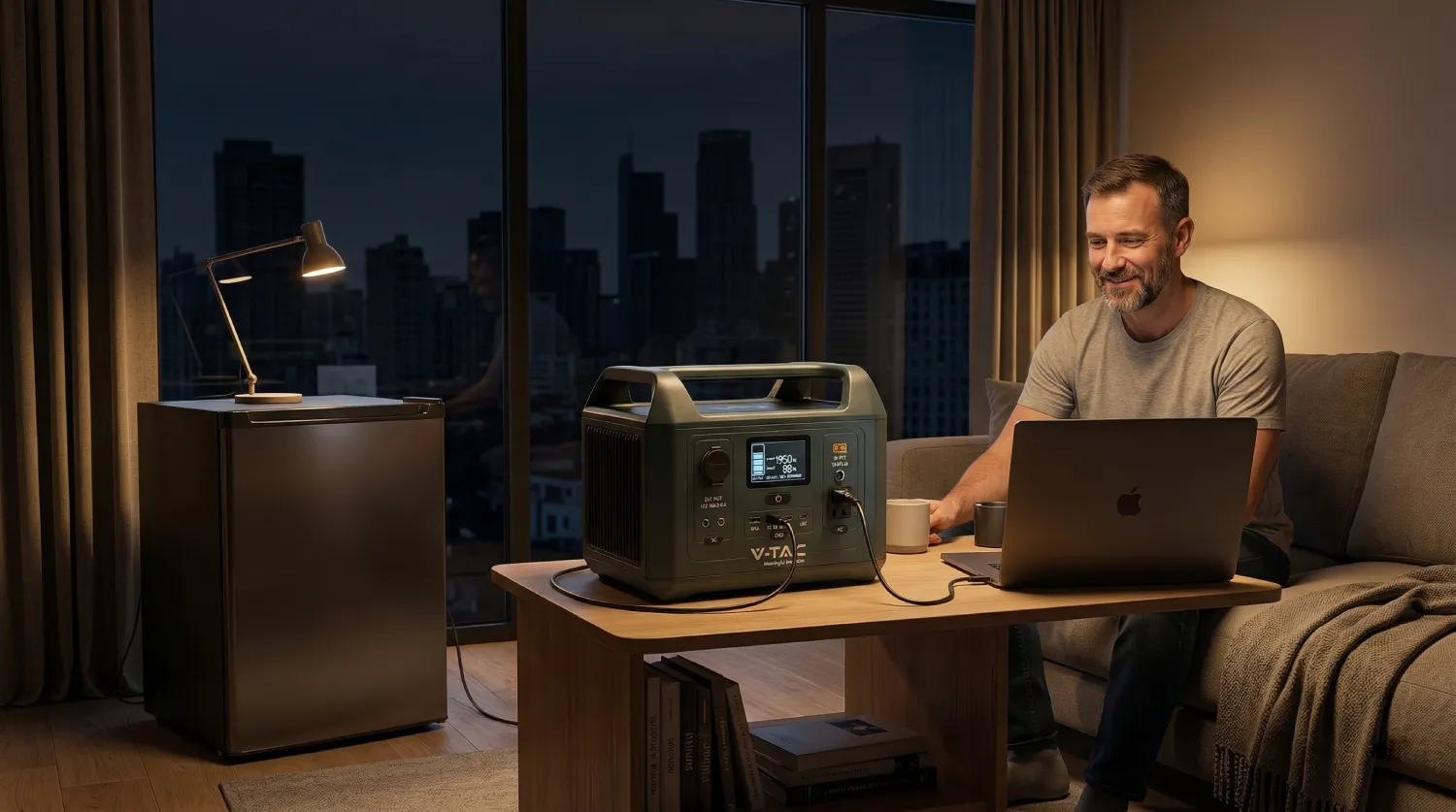 Портативна зарядна станція, підключена до сонячних панелей, забезпечує автономну роботу холодильника та ноутбука.