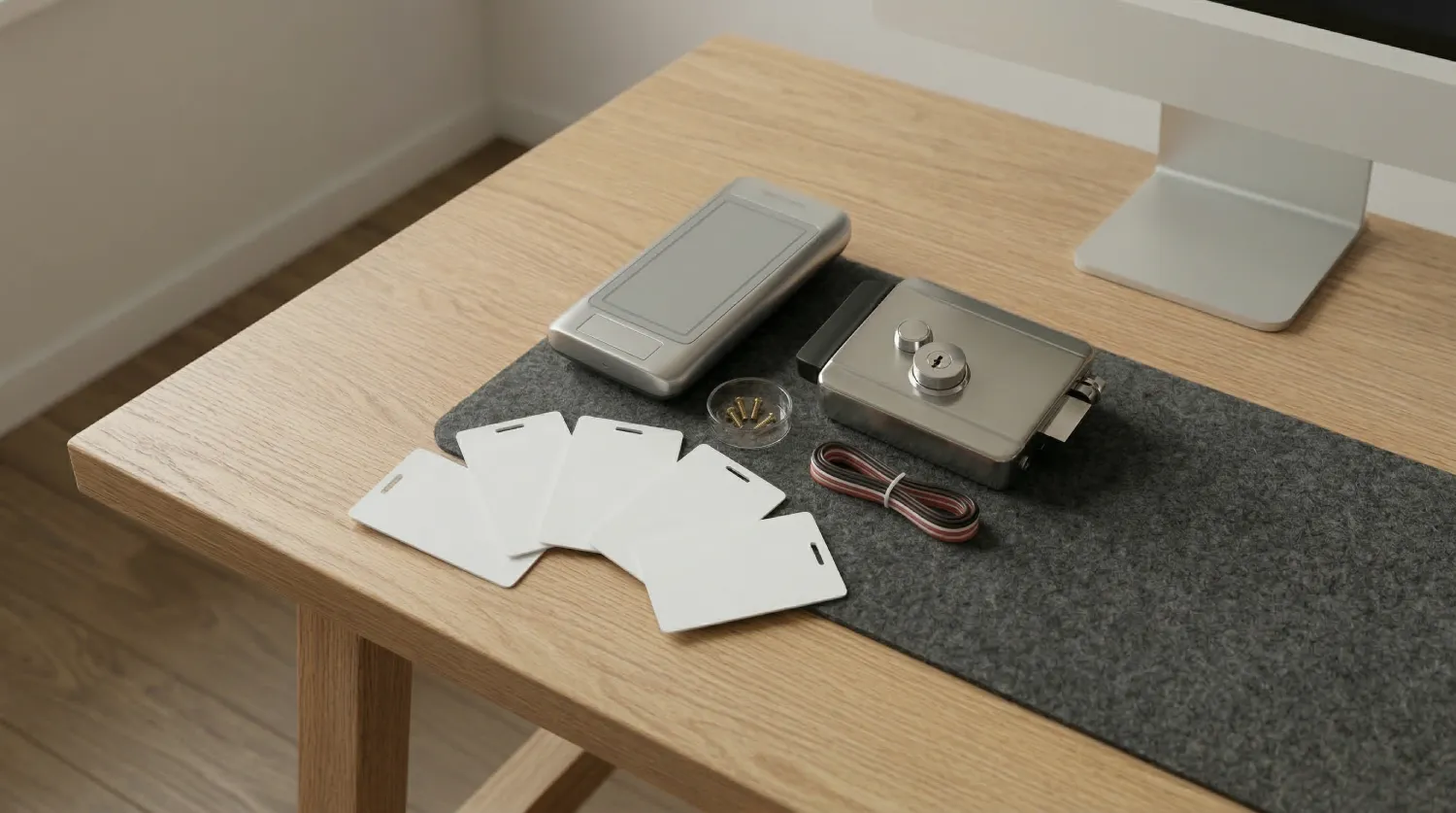 Базовий комплект автономної СКУД: контролер VIA SECURITY, електромеханічний замок ATIS та безконтактні картки доступу для офісу.